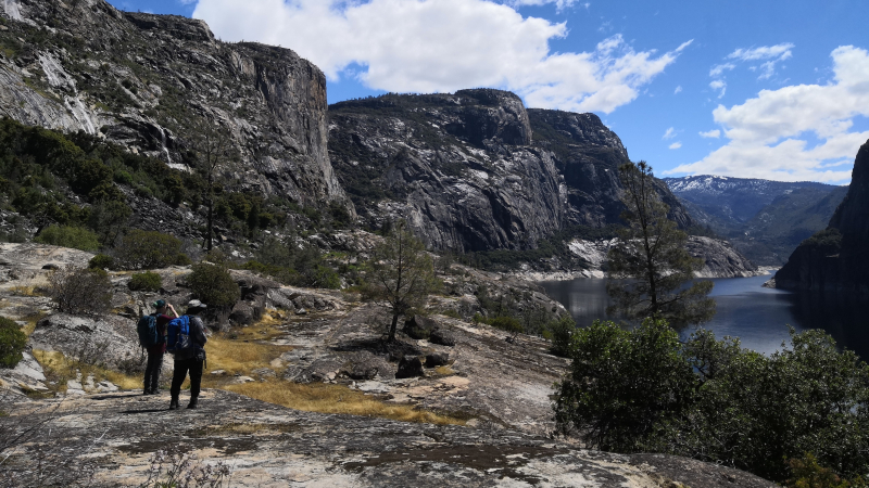 The bird team enjoys a hike at Hetch Hetchy while waiting for temperatures to warm up at their final banding site, Crane Flat.