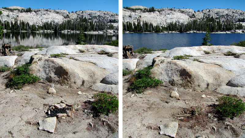 A Keep It Wild crew restored this backcountry campsite that was too close to the water at Many Island Lake (left - before restoration; right - after restoration). Photo: Courtesy of NPS