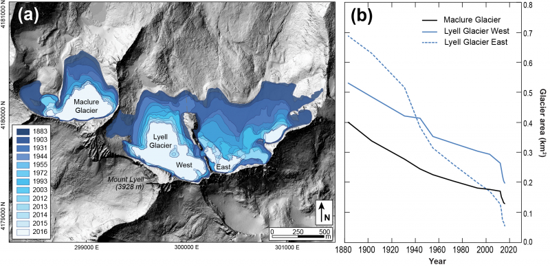 The Maclure and Lyell glaciers have been retreating steadily since they were first mapped in 1883. Recent snowy winters helped alleviate some impacts from the multiyear California drought, but did little to delay the glaciers' disappearance. (Images and data courtesy of NPS)