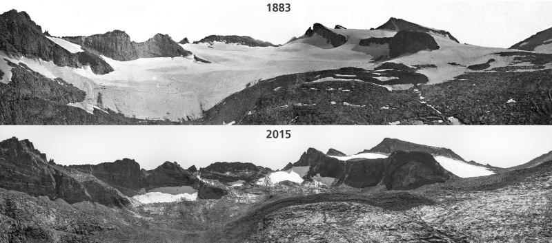 Repeat images show the retreat of Lyell Glacier from 1883 (above) to 2015 (below). NPS Photo