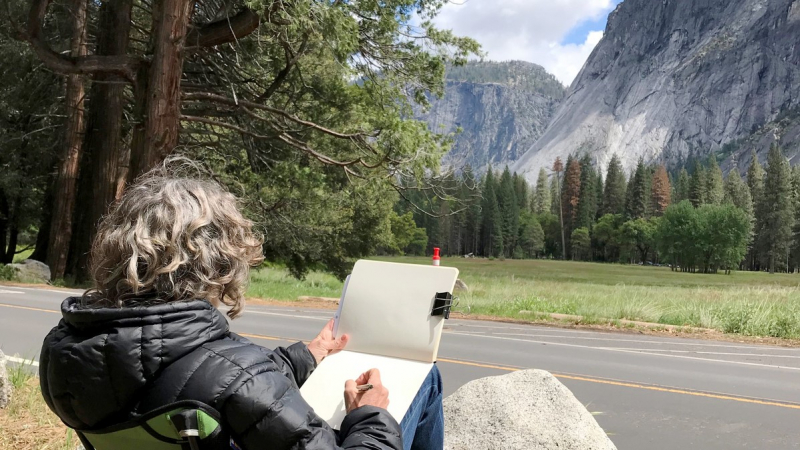 Art students took advantage of clear skies to sketch outside during a multi-day May workshop with artist Janet Takahashi. Photo: Greg Minuskin.