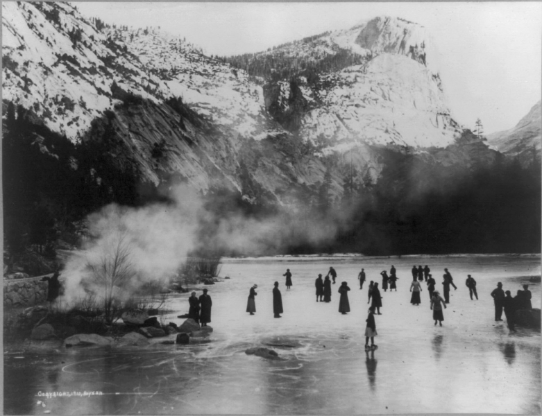 Visitors skating on Mirror Lake in 1910, almost two decades before Yosemite opened its first ice rink. Photo: Courtesy of Yosemite Research Library.